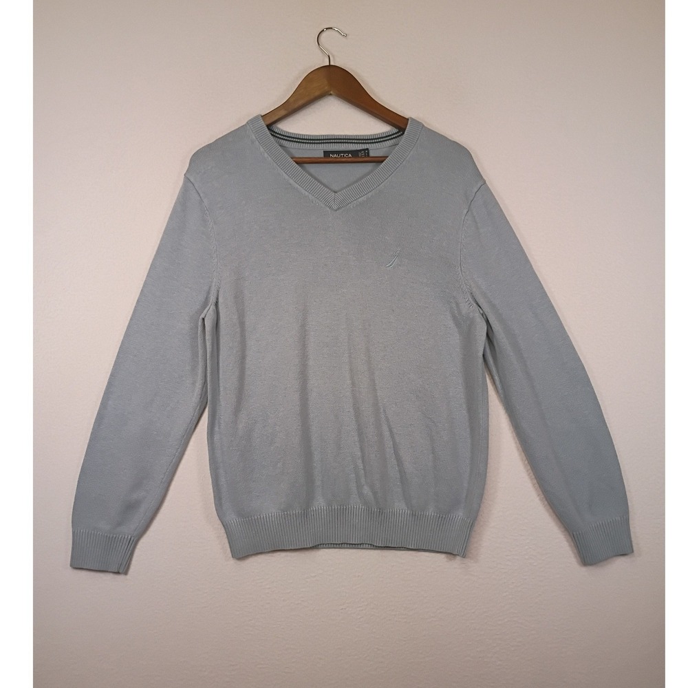 Preppy Nautica Mens M Light Blue V-Neck Cotton Blend Knit Sweater VDR H12 316